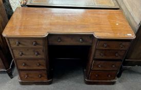 A Victorian mahogany twin pedestal desk or dressing table fitted with nine drawers with turned