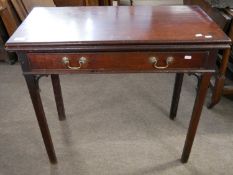 Georgian mahogany tea table with folding top over a single drawer and plain legs, 83cm wide