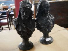 After Buese a pair of small bronzed metal busts of a Middle Eastern lady and gent, the gent signed