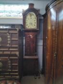 Large 19th century longcase clock with unsigned painted arched dial with moon phase aperture and