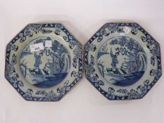 Two 18th Century delft octagonal plates probably Bristol with chinoiserie design within brown