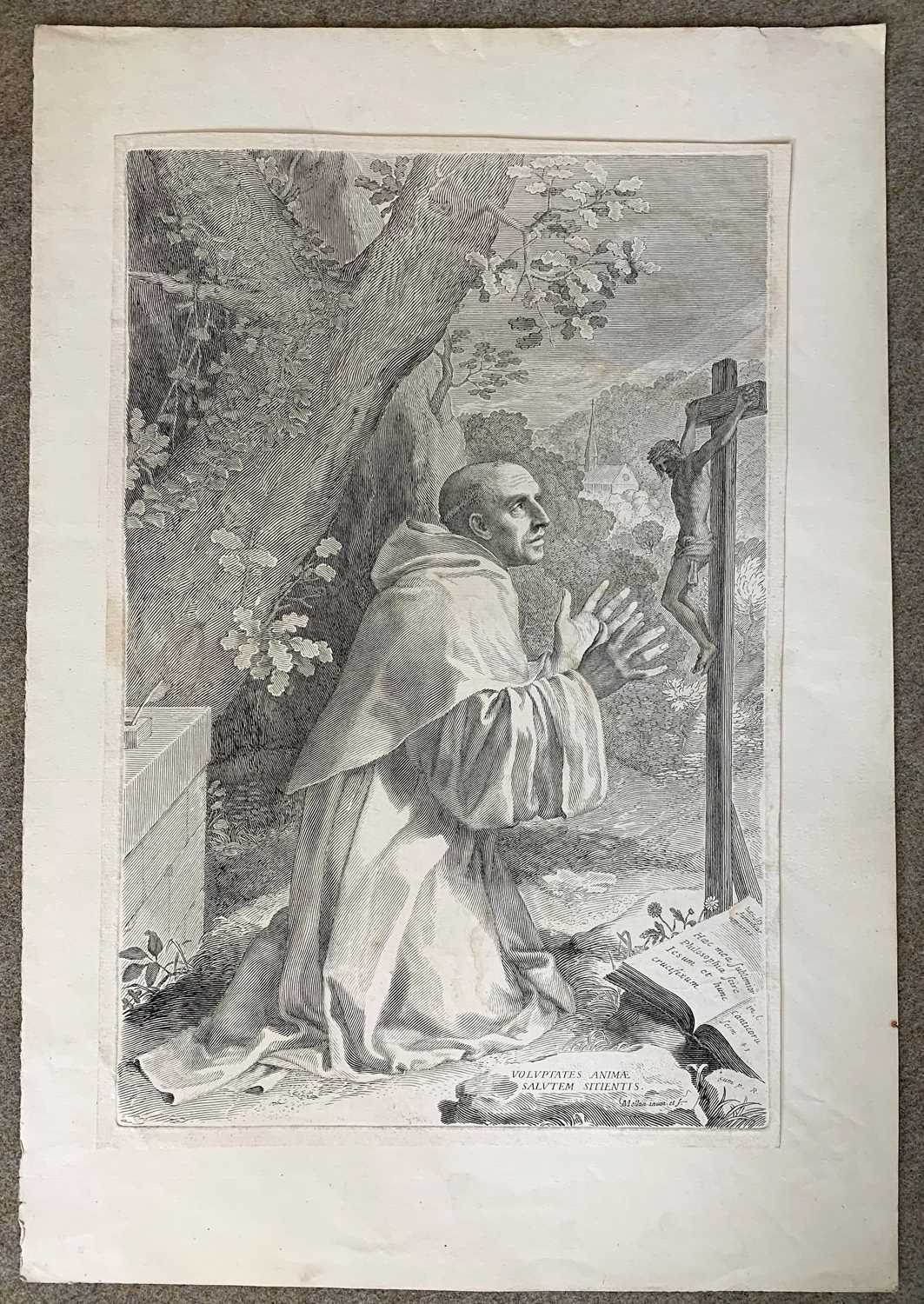 Claude Mellan (1598-1688), H. Bernardus kneeling before a cross, engraving (left side laid on card),
