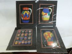 A group of four Clarice Cliff coloured prints featuring geometric designs, images 36 x 25cm