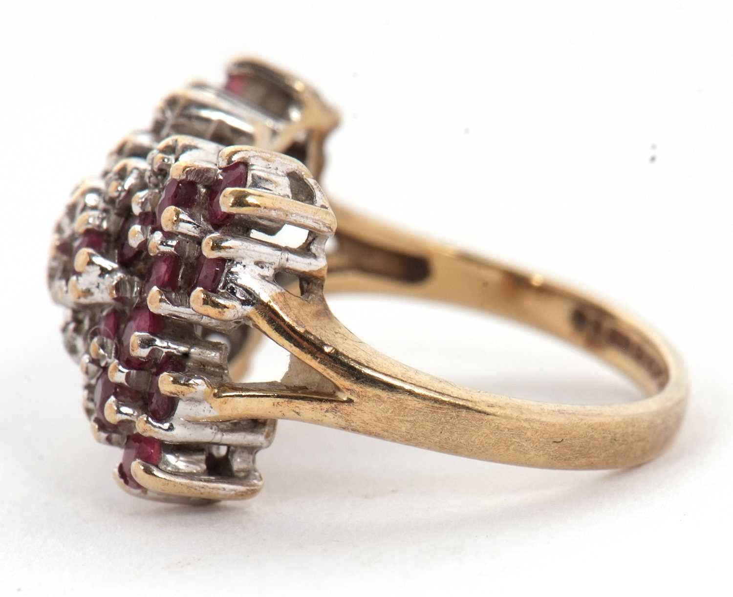 A 9ct ruby and diamond bow ring, the bow set with rubies and diamond detailing to centre, split - Image 6 of 6