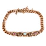 A 9ct opal, seed pearl and pink sapphire curblink bracelet, the central claw mounted oval opal