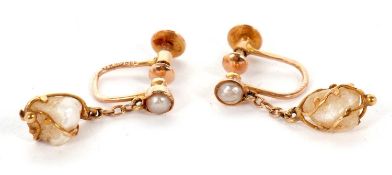 A pair 15ct 'pearl' earrings, the baroque 'pearl' drops in wirework mounts, suspended from a small