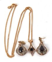 A 9ct sapphire and diamond necklace and earrings, the pendant with round sapphire and small round