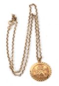 A 9ct St Christopher pendant and chain, the round St Christopher pendant, 2.5cm diameter, hallmarked