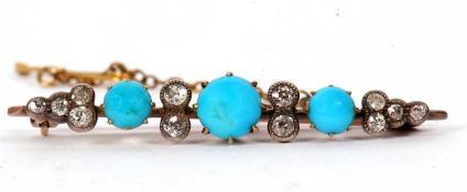 A 19th century diamond and turquoise bar brooch, set with three graduated round turquoise cabochons,