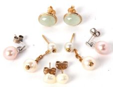 Four pairs of gemset earrings, to include a pair of 9ct white cultured pearl earrings, a pair of