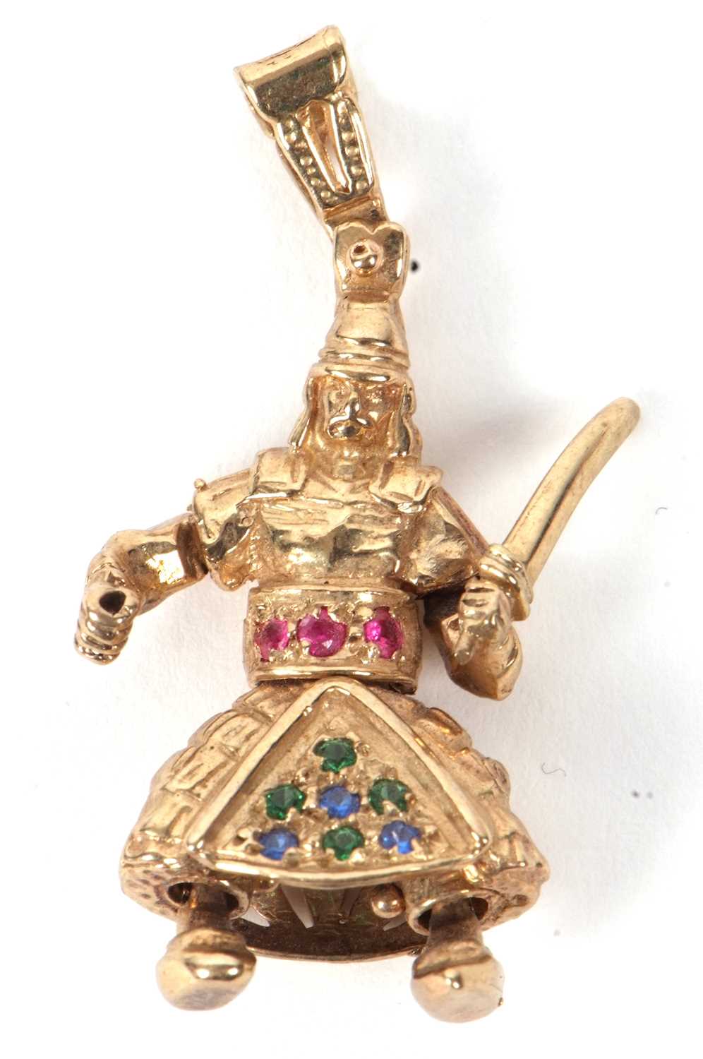 A 9ct samurai pendant, the figure in samurai armour with multi colour hardstones, arm raised holding - Image 4 of 4