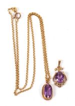 Two amethyst pendants, the first a 9ct oval collet mounted amethyst with rope twist border,