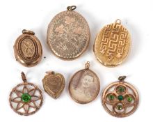 A mixed lot of unmarked lockets and pendants, the largest 37mm long, (7)