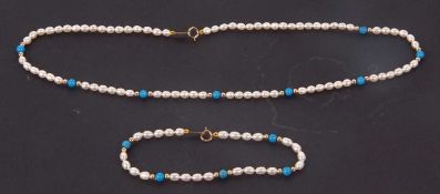 A cultured pearl and turquoise necklace and matching bracelet, the necklace of lengths of cultured