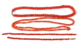 Two coral bead necklaces, the first with beads approx. 8mm diameter, 39cm long, with later barrel