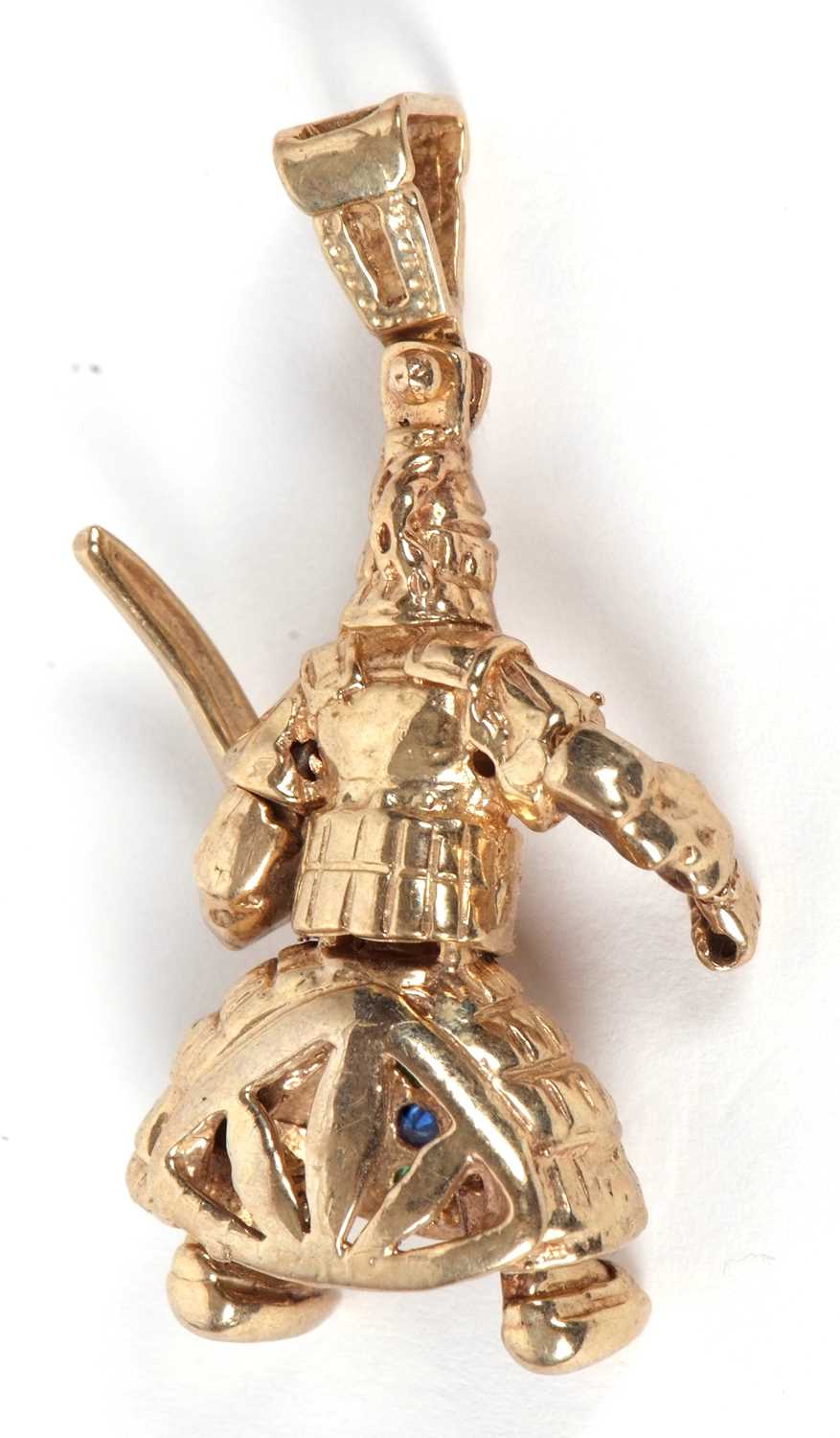 A 9ct samurai pendant, the figure in samurai armour with multi colour hardstones, arm raised holding - Image 2 of 4