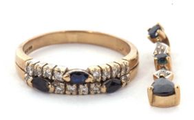 A sapphire and diamond ring and pendant, the 9ct ring set with a split band set with oval