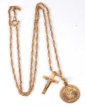 Two 9ct pendants and 9k chain, with round St Christopher pendant hallmarked Birmingham 1979, a cross