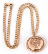 A 9ct necklace and a goldplated locket, the flat curblink style chain stamped 9kt to each end,