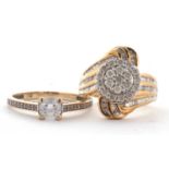 Two 9ct rings: the first set with a cluster or round brilliant cut diamonds with a curved flourish
