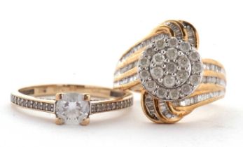 Two 9ct rings: the first set with a cluster or round brilliant cut diamonds with a curved flourish