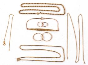 A mixed lot of variously marked 9ct/9kt jewellery, to include a 9ct rope twist necklace with tag