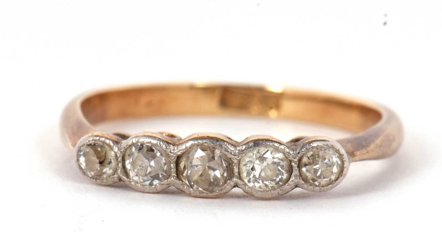 A five stone diamond ring, the five slightly graduated old European cut diamonds in millegrain - Image 2 of 7