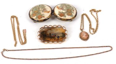 A mixed lot of gold and other jewellery: to include an octagonal pictoral brooch with inset canvas