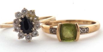 Two 9ct rings: to include a 9ct peridot and diamond ring, stamped 375 with Birmingham assay mark,