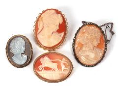 Four cameo brooches, to include a 9ct mounted oval shell cameo hallmarked Birmingham 1970,