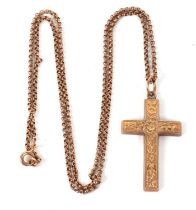 A cross pendant and chain, the cross stamped 9ct to reverse, 32mm long, together with a belcher link