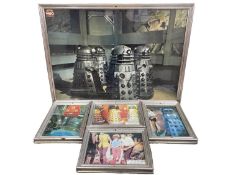 A collection of reproduction lobby cards and a poster for Dr Who and the Daleks. Framed sizes