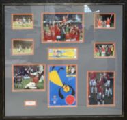 MANCHESTER UNITED INTEREST: A large framed and glazed display montage in commemoration of the UEFA