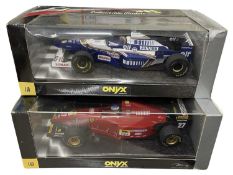 A pair of 1:18 scale Onyx racing cars, to include: - Ferrari 412T2, Jean Alesi - Williams Renault