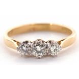 A three stone diamond ring, the three round brilliant cut diamonds, estimated approx. 0.42cts, all