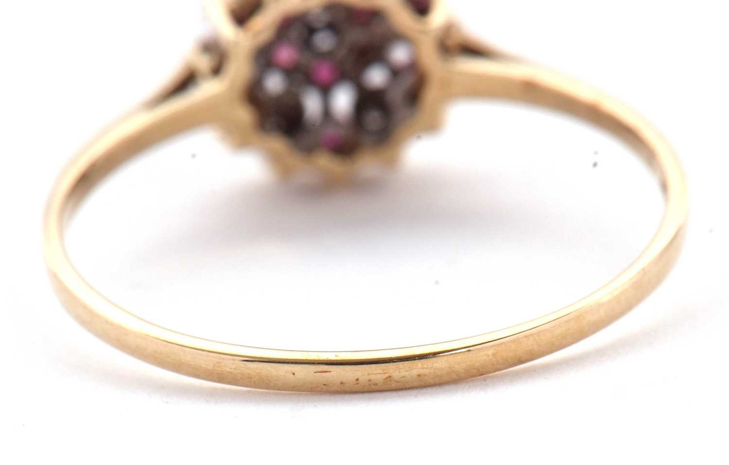 A 9ct pink stone and diamond cluster ring, the small round pink stones and small round diamonds in a - Image 2 of 8