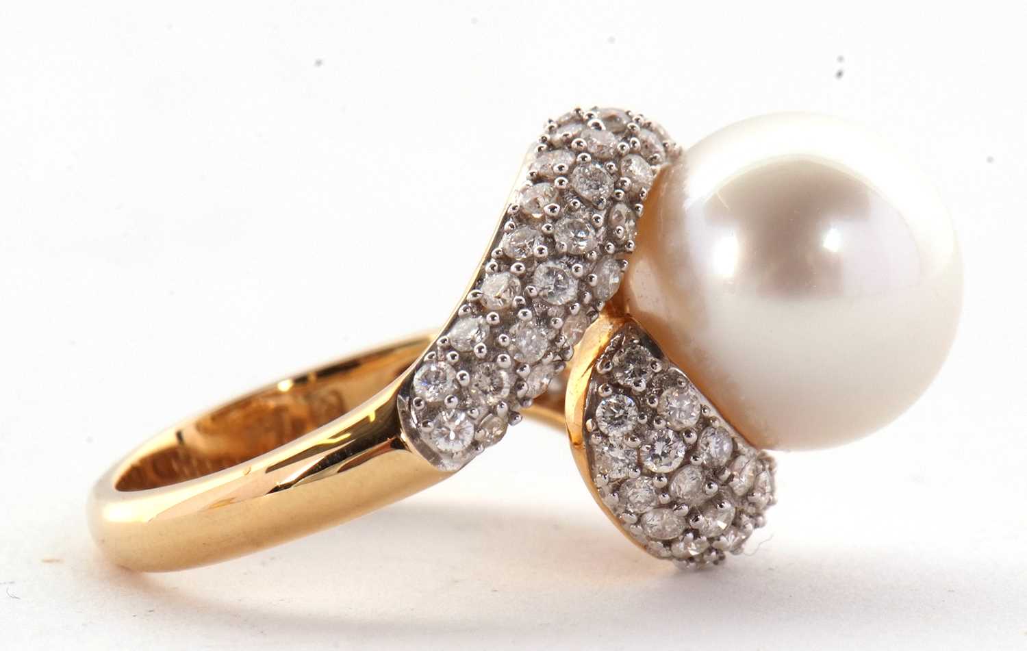 An 18ct cultured pearl and diamond ring, the central round cultured pearl, approx. 11.8mm - Image 7 of 9