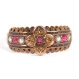 A late Victorian ruby and seed pearl ring, hallmarked Birmingham 1890, size K, 2.2g
