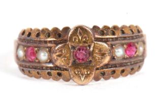 A late Victorian ruby and seed pearl ring, hallmarked Birmingham 1890, size K, 2.2g