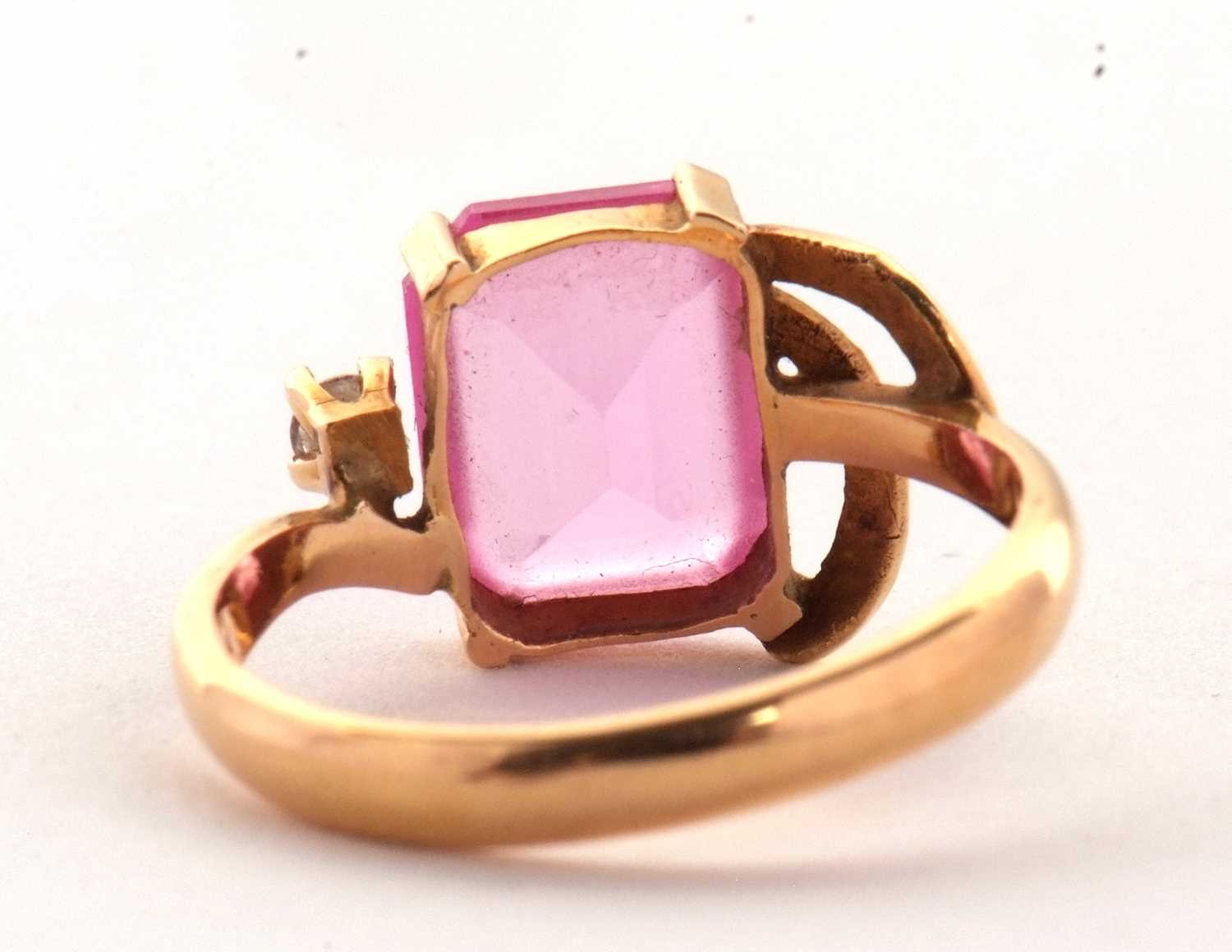 An 18k synthetic pink sapphire and white stone ring, size N, 3.6g, together with a synthetic pink - Image 6 of 9