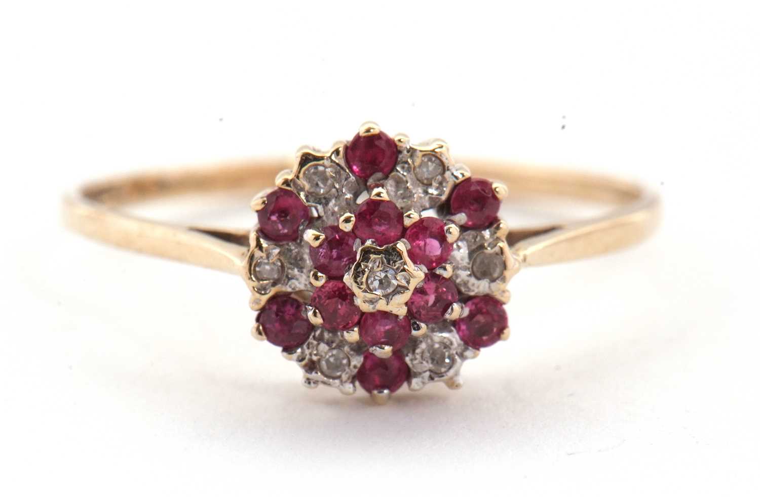 A 9ct pink stone and diamond cluster ring, the small round pink stones and small round diamonds in a - Image 6 of 8