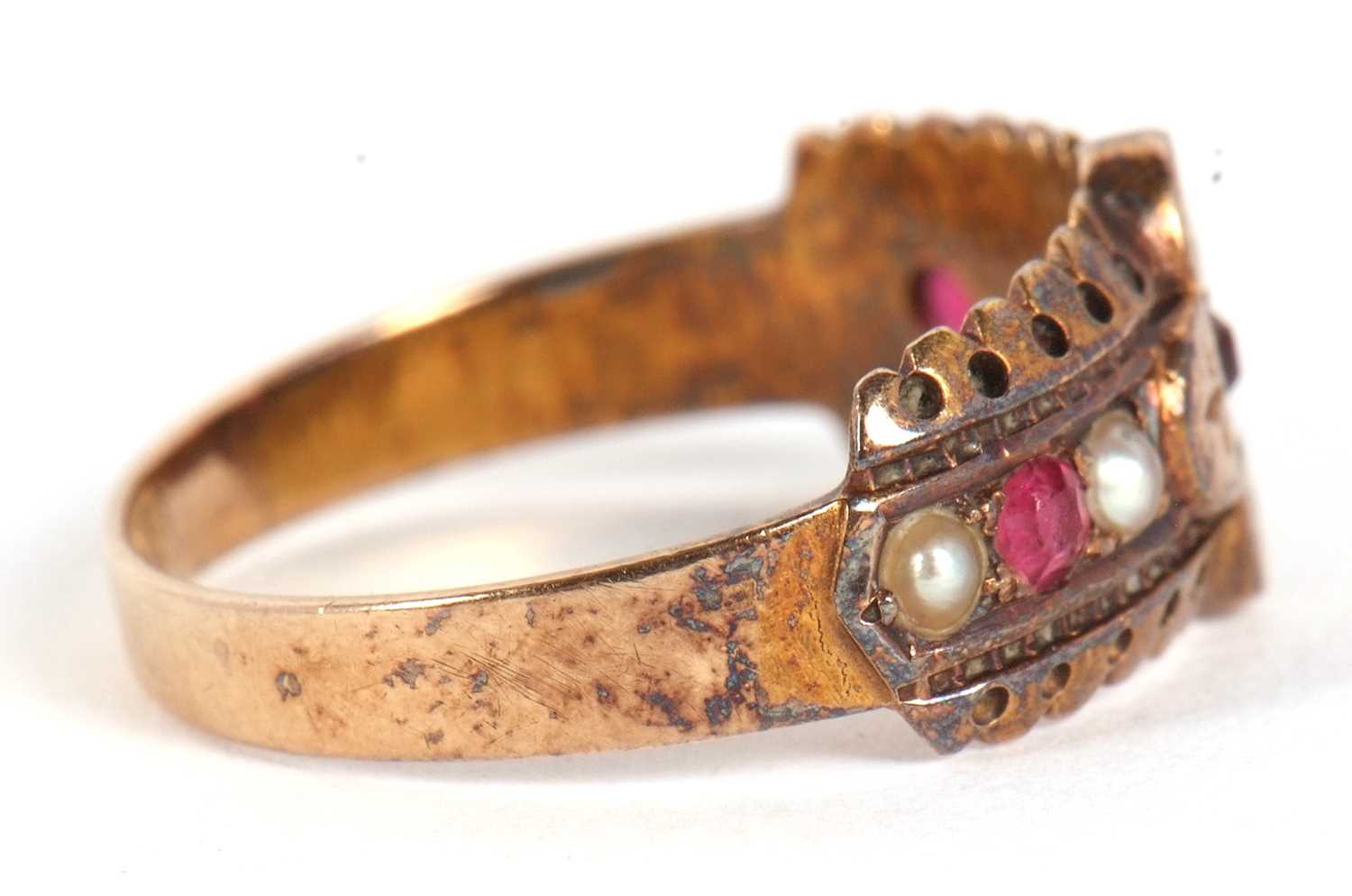 A late Victorian ruby and seed pearl ring, hallmarked Birmingham 1890, size K, 2.2g - Image 3 of 7