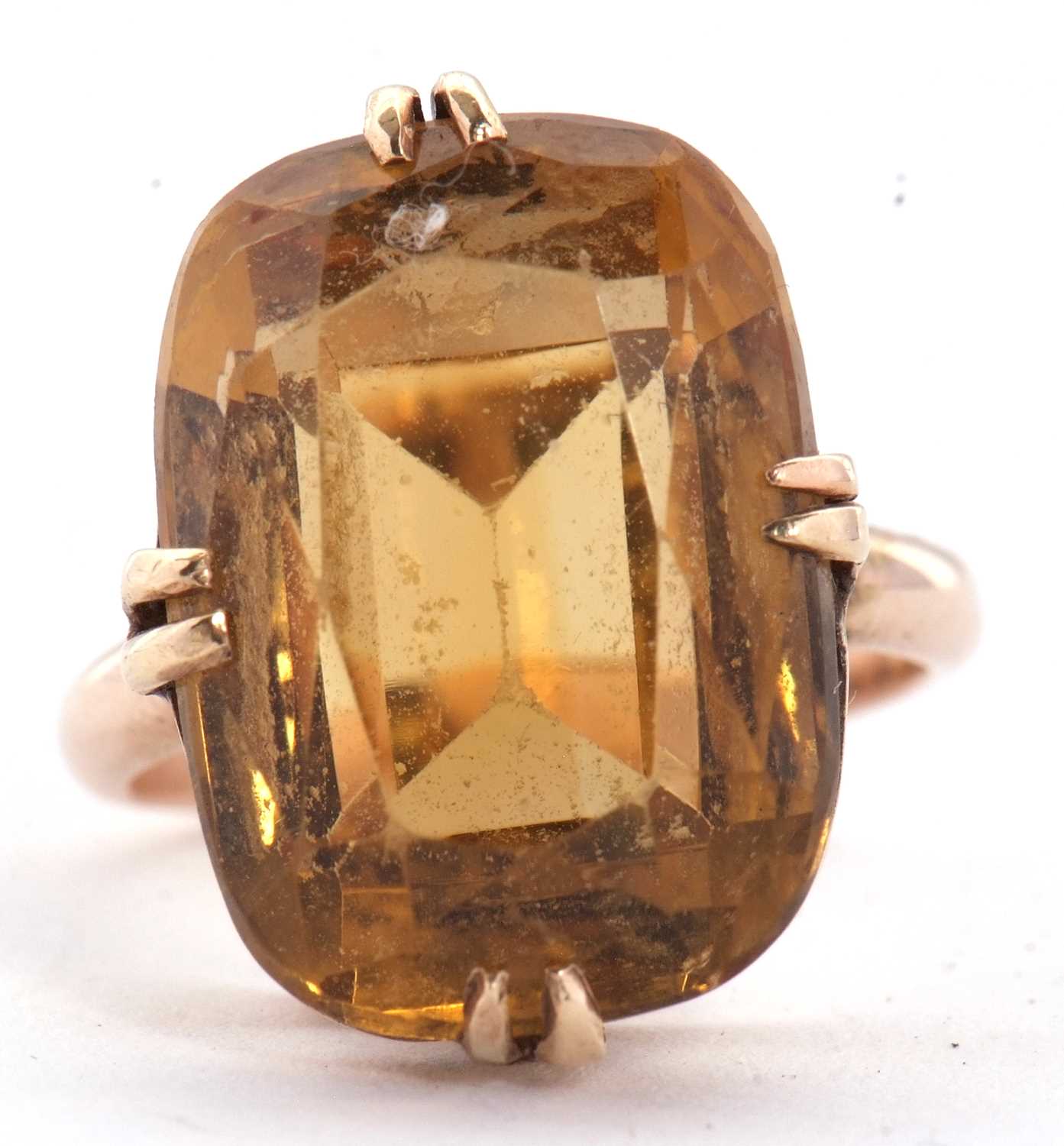 A 9ct citrine ring, the oval mixed cut citrine, approx. 19mm long, in four double claw mount with - Image 2 of 6