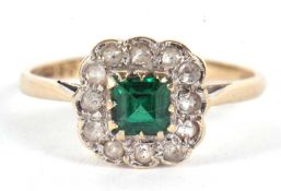 A 9ct green and white paste ring, the central square step cut stone surrounded by small white paste,