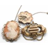 Three brooches, to include a late Victorian 9ct seed pearl set brooch, hallmarked Birmingham 1889,