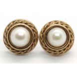 A pair of 9ct cultured pearl earrings, the round cultured pearl in a rubover mount with rope twist