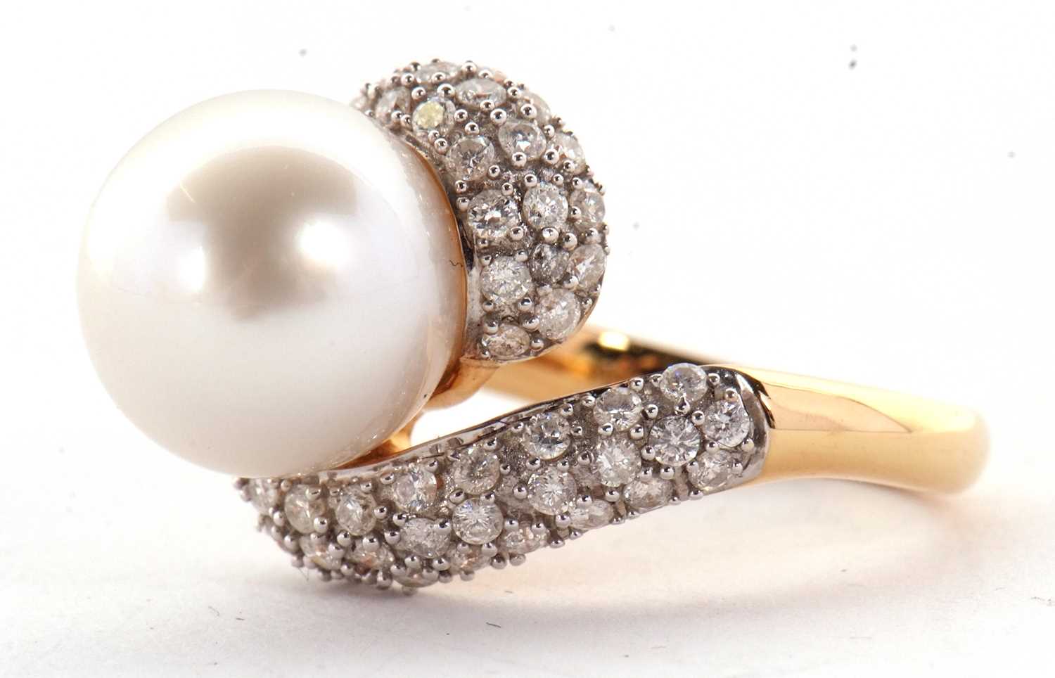 An 18ct cultured pearl and diamond ring, the central round cultured pearl, approx. 11.8mm - Image 2 of 9