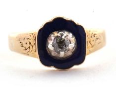 A Victorian 18ct enamel and diamond ring, the blue enamelled plaque set to centre with a single