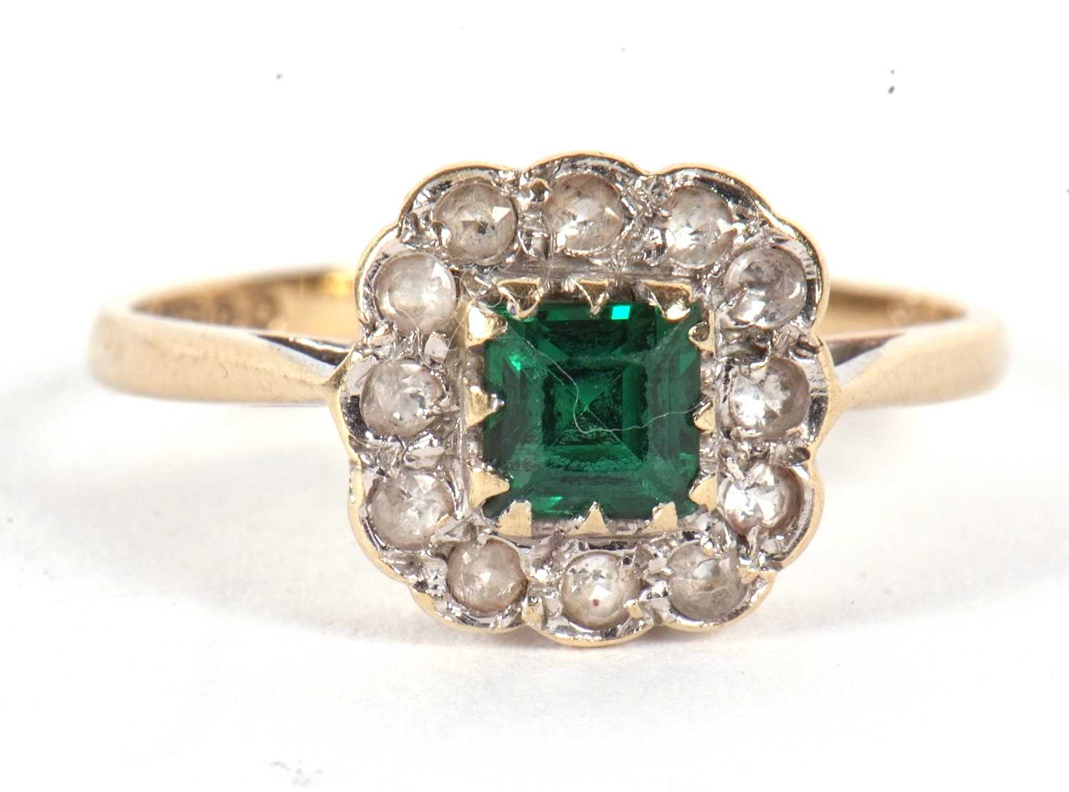 A 9ct green and white paste ring, the central square step cut stone surrounded by small white paste, - Image 4 of 6