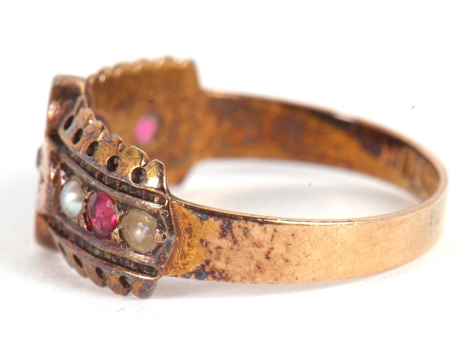 A late Victorian ruby and seed pearl ring, hallmarked Birmingham 1890, size K, 2.2g - Image 5 of 7